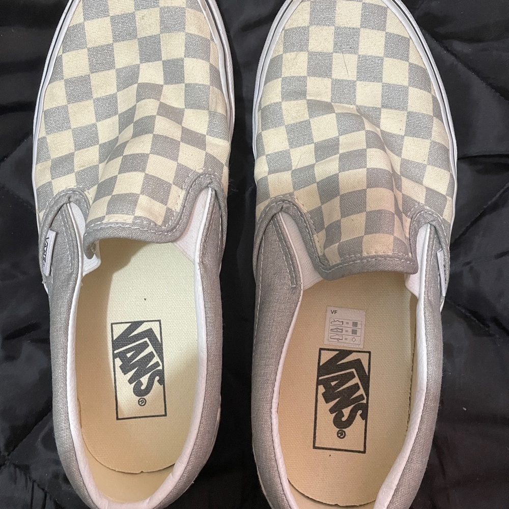 Silver and cream Checkered Vans